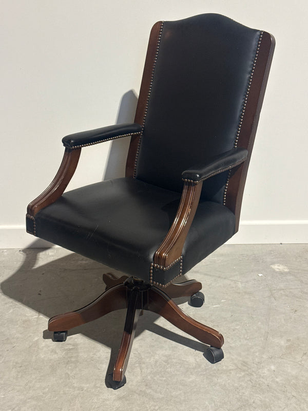 Vintage bureaustoel, Chesterfield, mahoniehout, zwart/blauw leer 101
