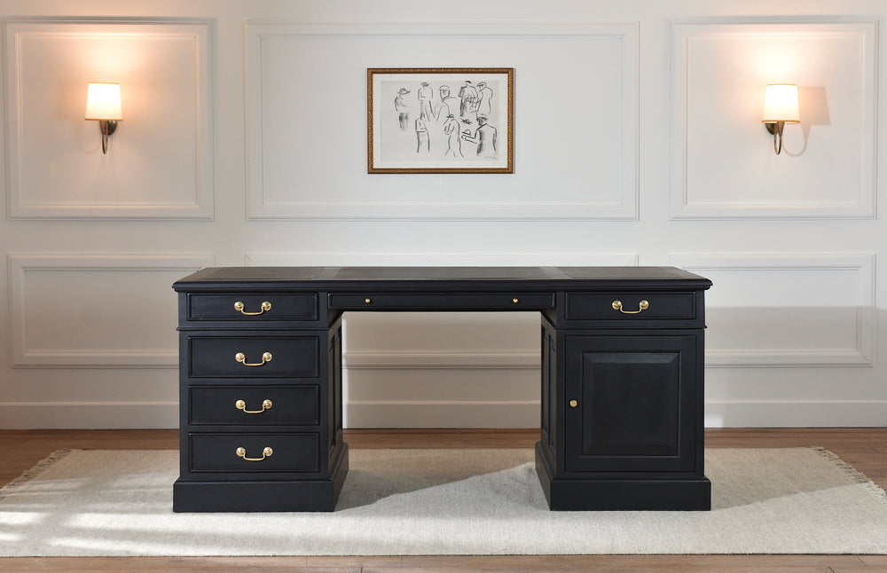 Regent 180x90 Zwart gouden grepen, klassiek Engels bureau, massief mahoniehout