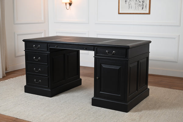 Regent 160x80 zwart, Messing grepen, klassiek Engels bureau, massief mahoniehout