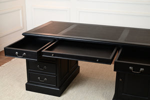 Regent 160x80 zwart, Messing grepen, klassiek Engels bureau, massief mahoniehout