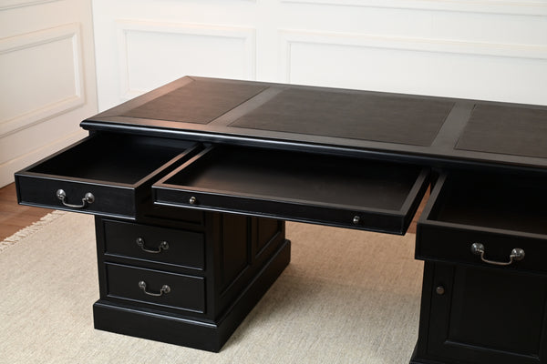 Regent 160x80 zwart, Messing grepen, klassiek Engels bureau, massief mahoniehout