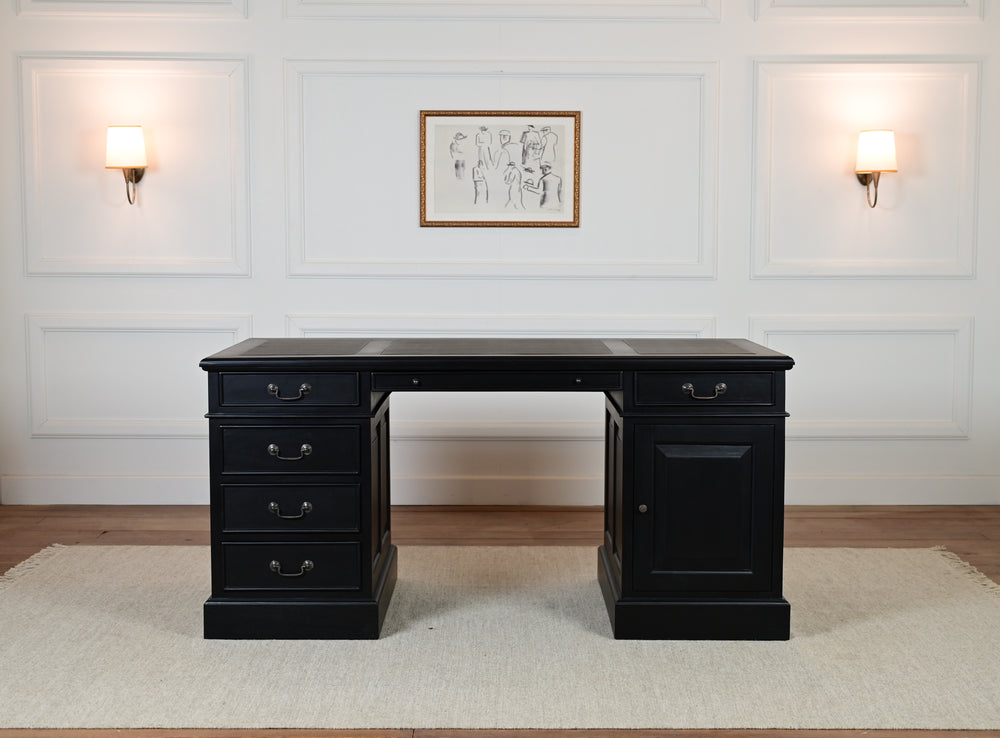 Regent 160x80 zwart, Messing grepen, klassiek Engels bureau, massief mahoniehout