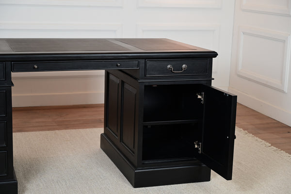 Regent 160x80 zwart, Messing grepen, klassiek Engels bureau, massief mahoniehout