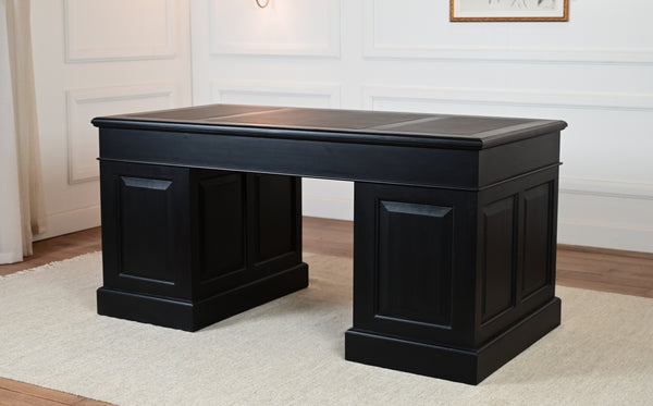 Regent 160x80 zwart, Messing grepen, klassiek Engels bureau, massief mahoniehout