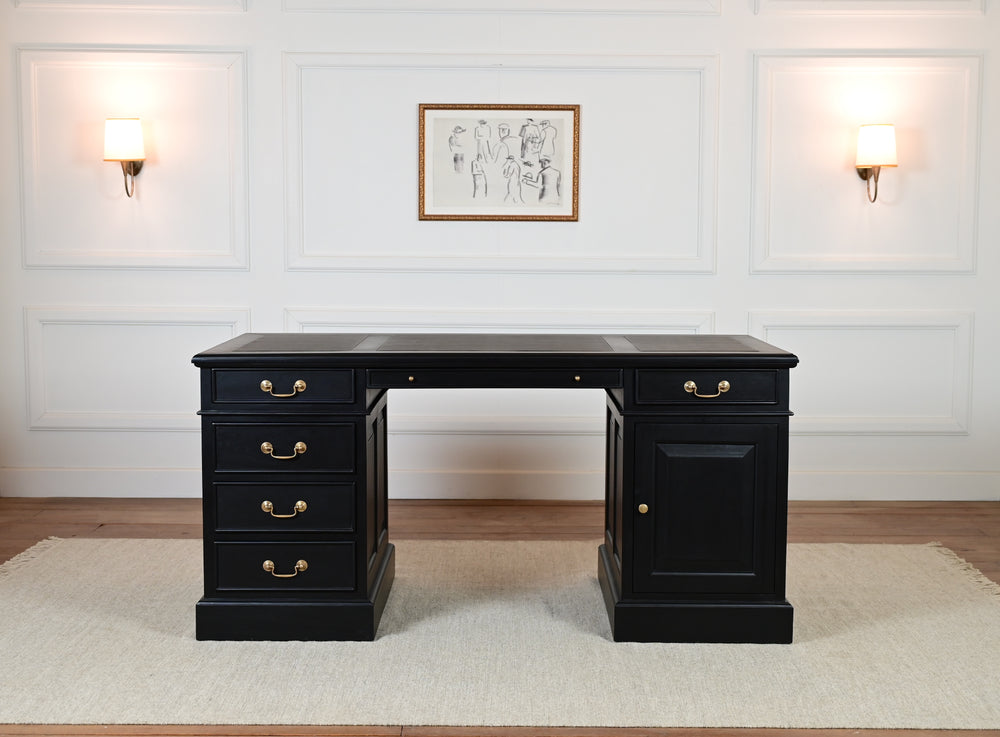 Regent 160x80 Zwart, gouden grepen, klassiek Engels bureau, massief mahoniehout