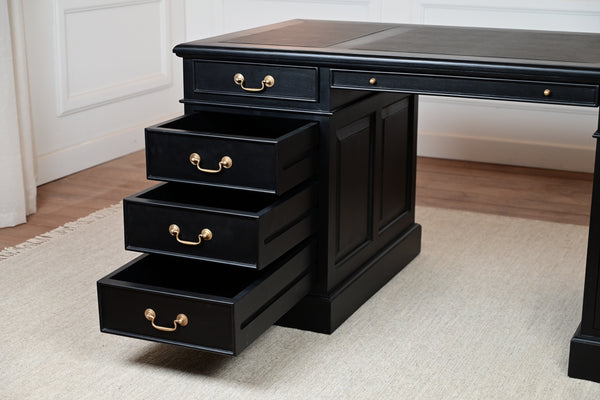 Regent 160x80 Black, gold handles, classic English desk, solid mahogany