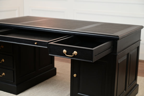 Regent 160x80 Black, gold handles, classic English desk, solid mahogany