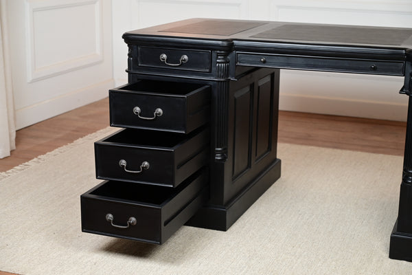 Pillar 160x80 zwart, Messing grepen, klassiek Engels bureau, massief mahoniehout