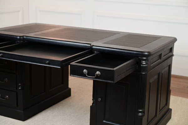 Pillar 160x80 zwart, Messing grepen, klassiek Engels bureau, massief mahoniehout