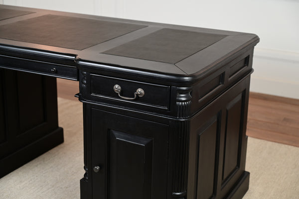 Pillar 160x80 zwart, Messing grepen, klassiek Engels bureau, massief mahoniehout