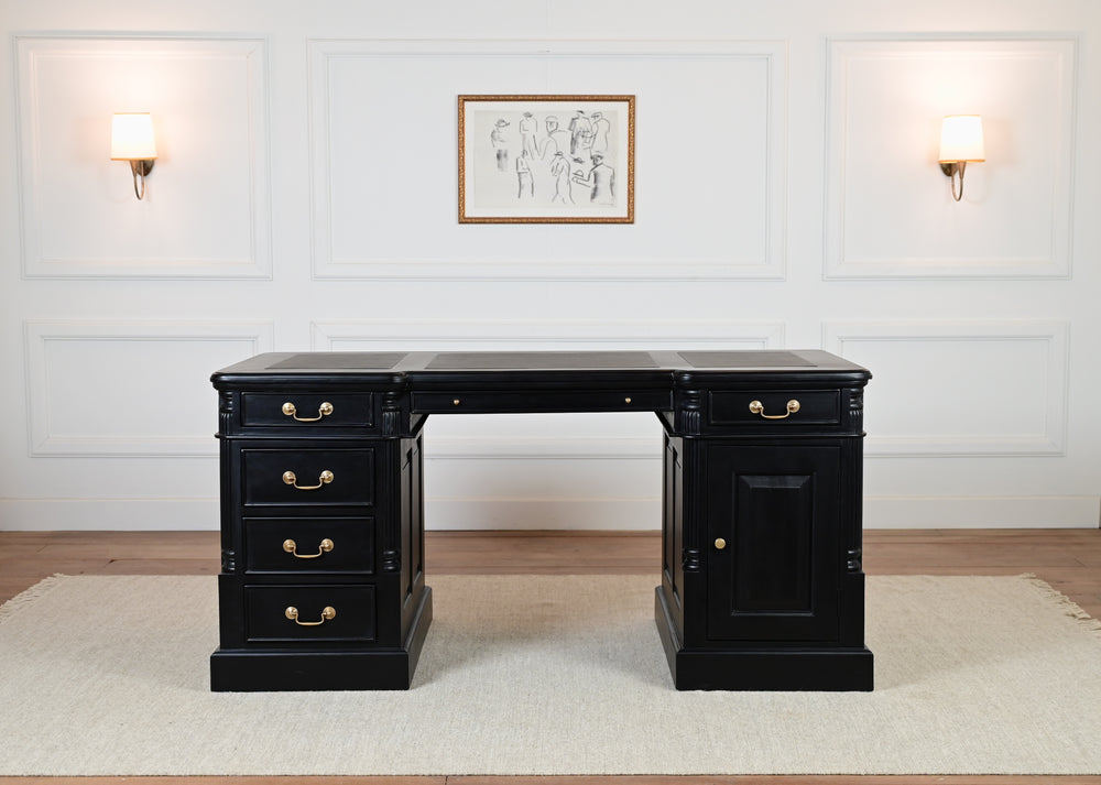 Pillar 160x80, Zwart, gouden grepen, klassiek Engels bureau, massief mahoniehout