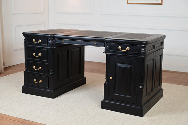 Pillar 160x80, Zwart, gouden grepen, klassiek Engels bureau, massief mahoniehout