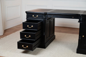 Pillar 160x80, Zwart, gouden grepen, klassiek Engels bureau, massief mahoniehout