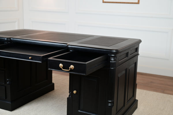 Pillar 160x80, Zwart, gouden grepen, klassiek Engels bureau, massief mahoniehout