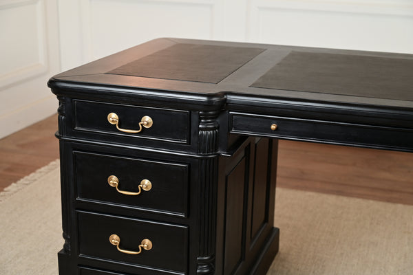 Pillar 160x80, Zwart, gouden grepen, klassiek Engels bureau, massief mahoniehout