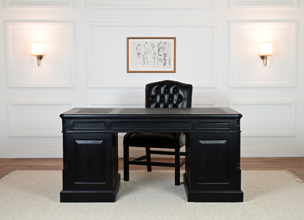 Pillar 160x80 zwart, Messing grepen, klassiek Engels bureau, massief mahoniehout