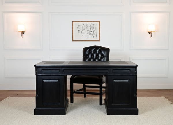 Pillar 160x80, Zwart, gouden grepen, klassiek Engels bureau, massief mahoniehout