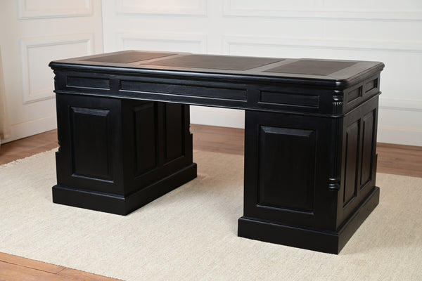 Pillar 160x80, Zwart, gouden grepen, klassiek Engels bureau, massief mahoniehout