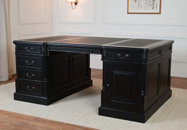 Pillar 180x120 zwart, Partnerdesk, Messing grepen, klassiek Engels bureau, massief mahoniehout