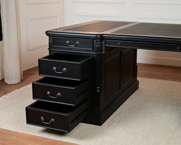 Pillar 180x120 zwart, Partnerdesk, Messing grepen, klassiek Engels bureau, massief mahoniehout