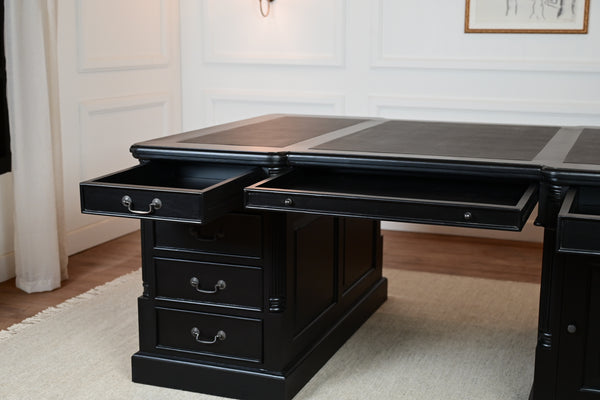 Pillar 180x120 zwart, Partnerdesk, Messing grepen, klassiek Engels bureau, massief mahoniehout