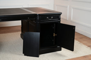 Pillar 180x120 zwart, Partnerdesk, Messing grepen, klassiek Engels bureau, massief mahoniehout