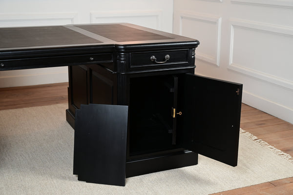 Pillar 180x120 zwart, Partnerdesk, Messing grepen, klassiek Engels bureau, massief mahoniehout