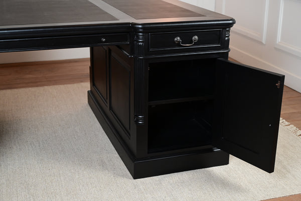 Pillar 180x120 zwart, Partnerdesk, Messing grepen, klassiek Engels bureau, massief mahoniehout