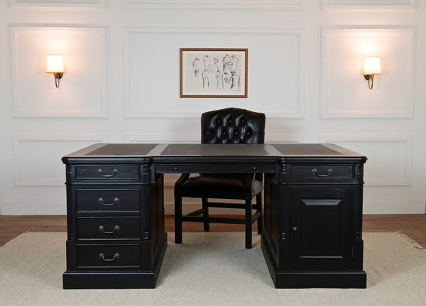 Pillar 180x120 zwart, Partnerdesk, Messing grepen, klassiek Engels bureau, massief mahoniehout