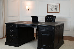 Pillar 180x120 zwart, Partnerdesk, Messing grepen, klassiek Engels bureau, massief mahoniehout