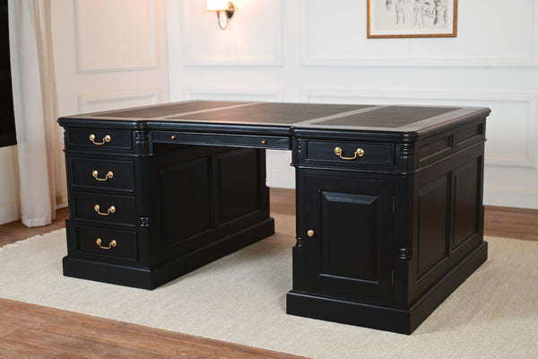Pillar 180x120 Partner Desk, Black, gold handles, classic English desk, solid mahogany