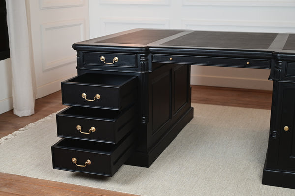 Pillar 180x120 Partner Desk, Black, gold handles, classic English desk, solid mahogany