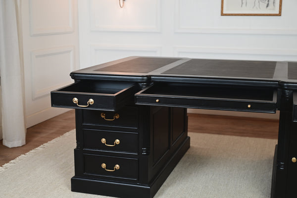 Pillar 180x120 Partner Desk, Black, gold handles, classic English desk, solid mahogany