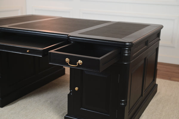 Pillar 180x120 Partner Desk, Black, gold handles, classic English desk, solid mahogany