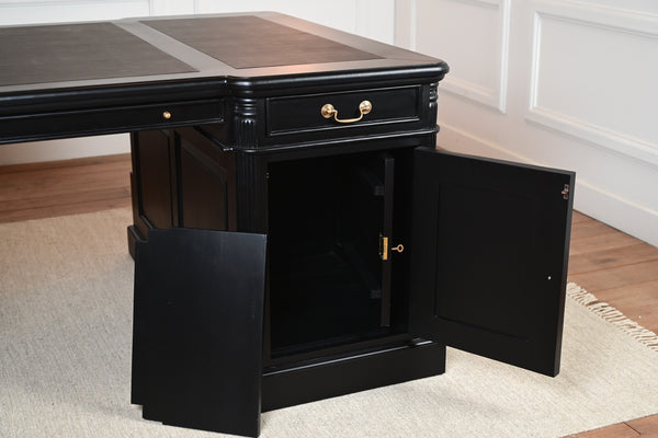 Pillar 180x120 Partner Desk, Black, gold handles, classic English desk, solid mahogany