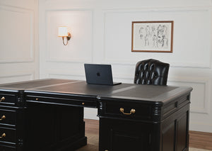 Pillar 180x120 Partner Desk, Black, gold handles, classic English desk, solid mahogany