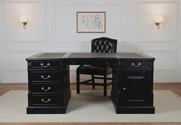 Pillar 180x120 Partner Desk, Black, gold handles, classic English desk, solid mahogany