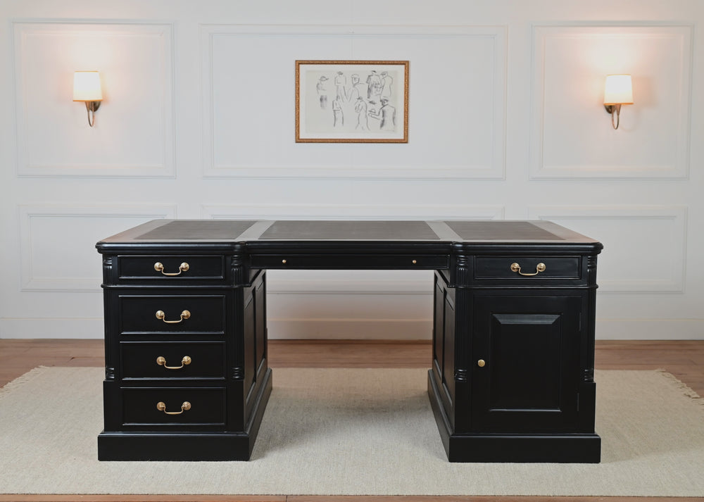 Pillar 180x120 Partnerdesk, Zwart, gouden grepen, klassiek Engels bureau, massief mahoniehout