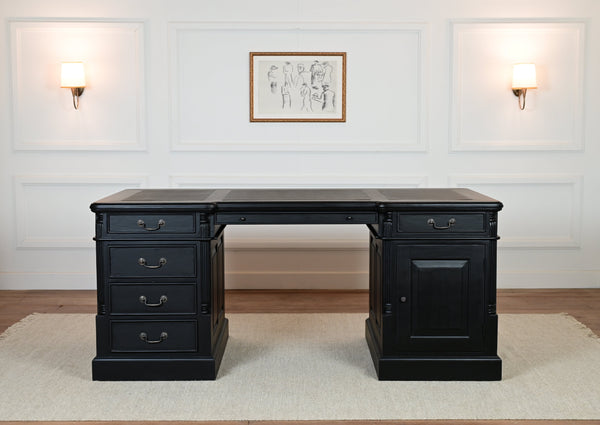 Pilier 180x90 noir, poignées en laiton, bureau anglais classique, acajou massif