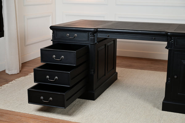 Pilier 180x90 noir, poignées en laiton, bureau anglais classique, acajou massif