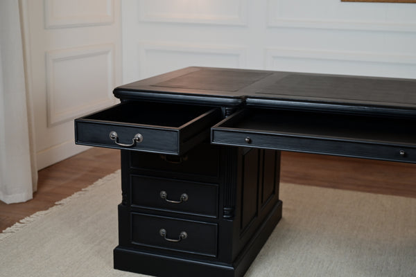 Pilier 180x90 noir, poignées en laiton, bureau anglais classique, acajou massif