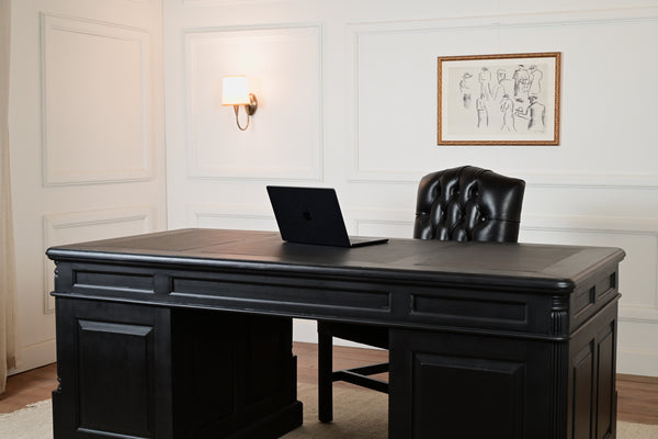 Pilier 180x90 noir, poignées en laiton, bureau anglais classique, acajou massif