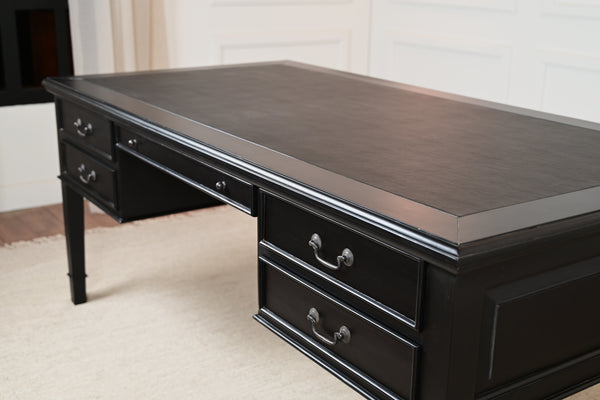 York Grande 185x95 - klassischer englischer Schreibtisch - Schwarz - Griffe aus Messing