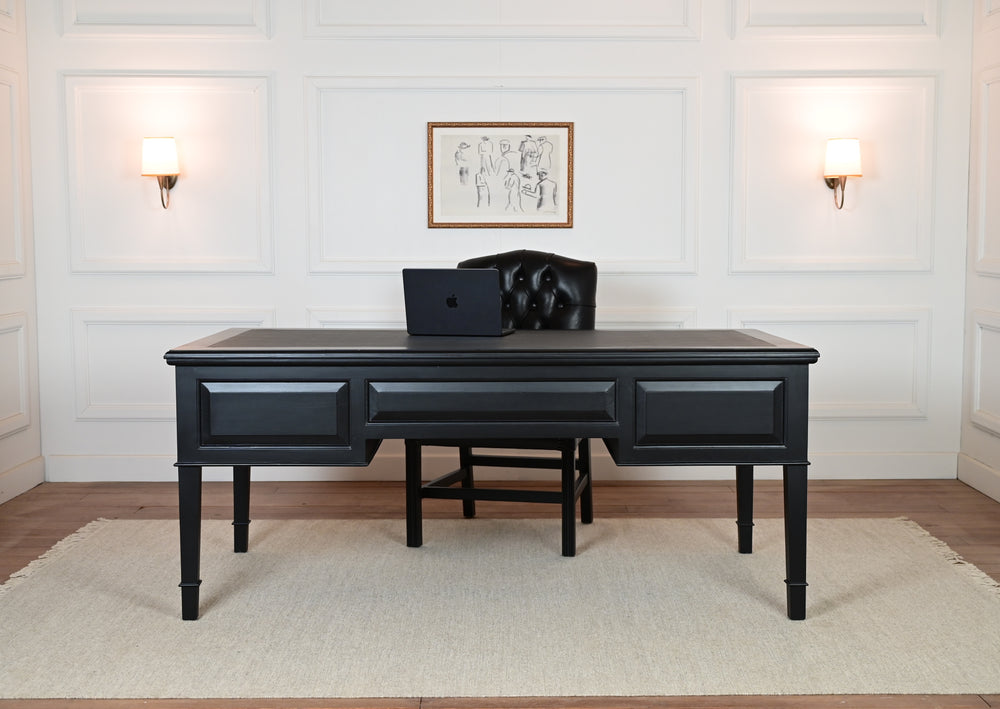 York Grande 185x95 - bureau anglais classique - Noir - Poignées en laiton