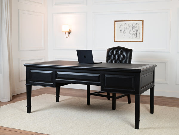 York Grande 185x95 - classic English writing desk - black- Gold handles - mahogany