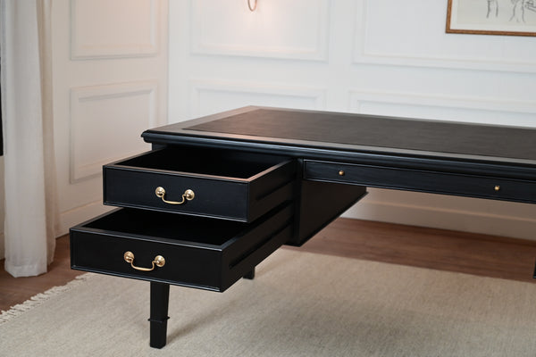 York Grande 185x95 - classic English writing desk - black- Gold handles - mahogany