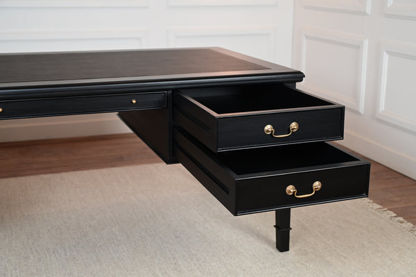 York Grande 185x95 - classic English writing desk - black- Gold handles - mahogany