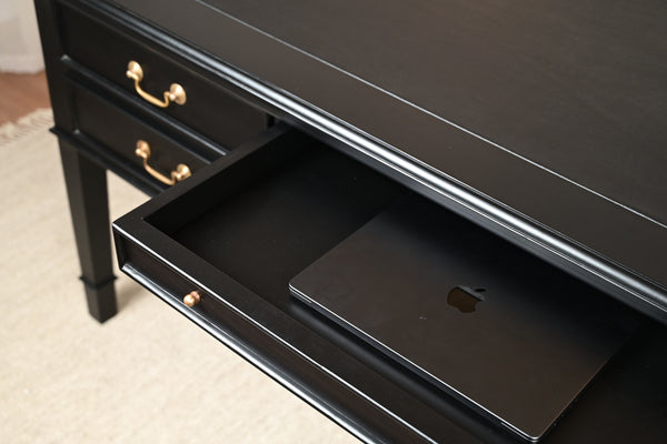 York Grande 185x95 - classic English writing desk - black- Gold handles - mahogany