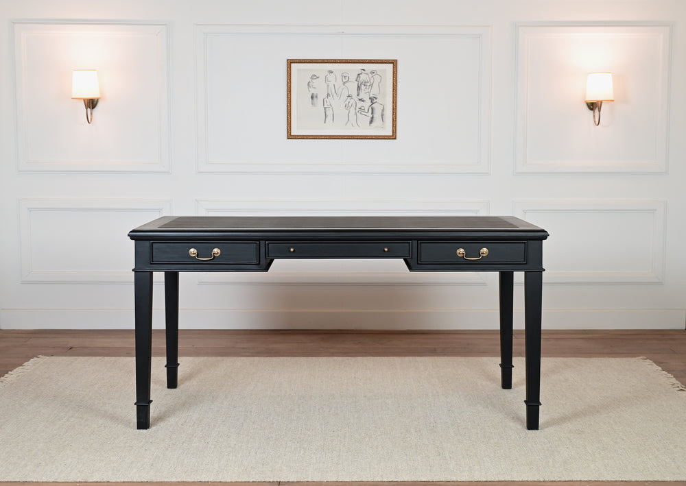 York 160x80 - klassieke Engelse schrijftafel- zwart - Gouden grepen