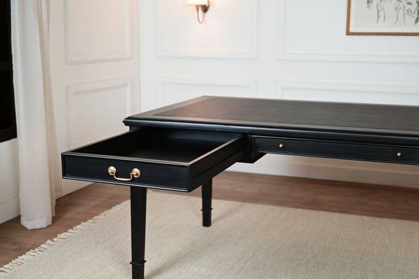 York 185x95 - klassieke Engelse schrijftafel - zwart - Gouden grepen - mahoniehout